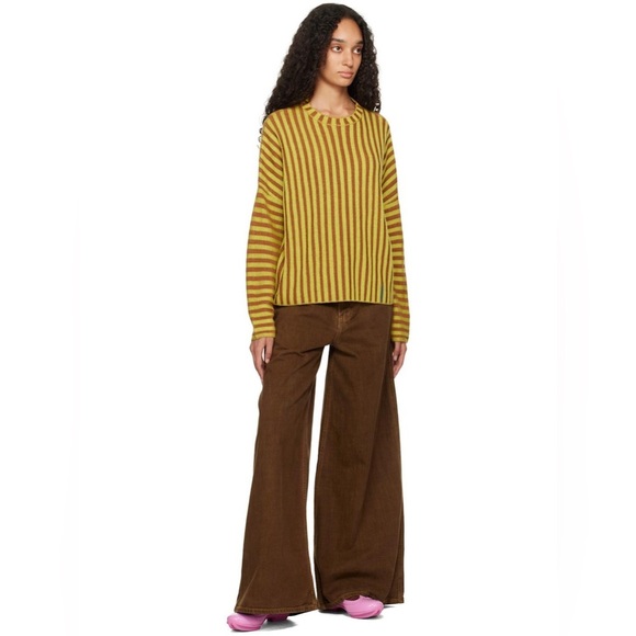 ECKHAUS LATTA Yellow Brown Stripe 100% Merino Wool Knit Crochet Keyboard Sweater - Picture 14 of 15